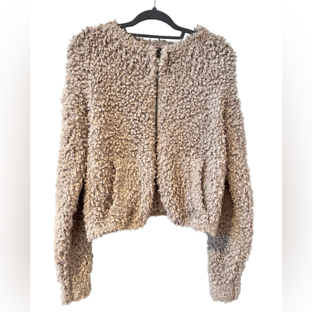Abercrombie & Fitch Sherpa Sz L Cropped Zip Sweater Jacket Boucle Light Tan